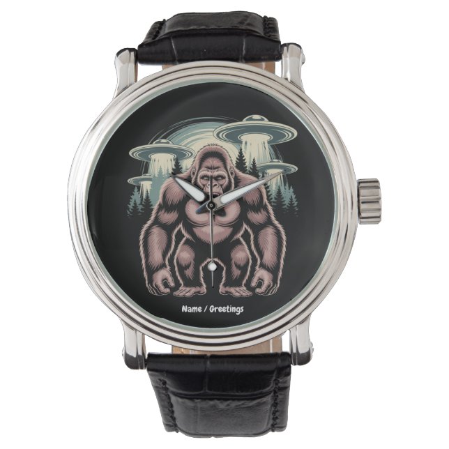 Bigfoot Sasquatch Alien UFO Funny Graphic Design Watch (Front)