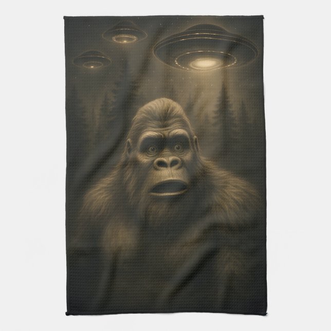 Bigfoot Sasquatch Alien UFO Funny Kitchen Towel (Vertical)