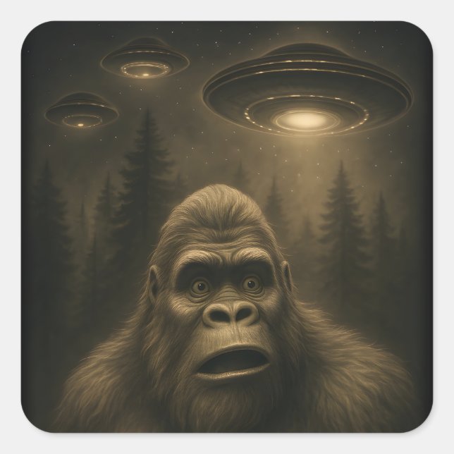 Bigfoot Sasquatch Alien UFO Funny Square Sticker (Front)