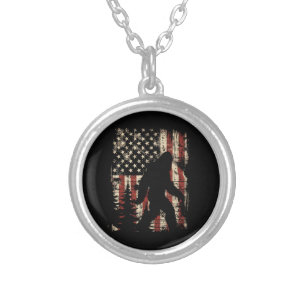 Bigfoot Sasquatch America Flag Patriotic Men Women Silver Plated Necklace
