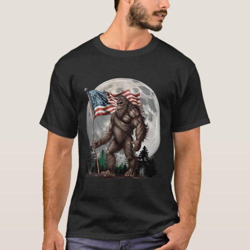 Bigfoot Sasquatch _ American Flag Full Moon Patrio T_Shirt