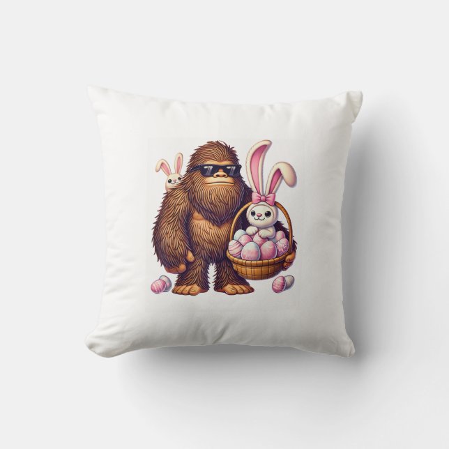 Bigfoot Sasquatch Bunny Easter Eggs Retro Men Boys Throw Pillow (Front)
