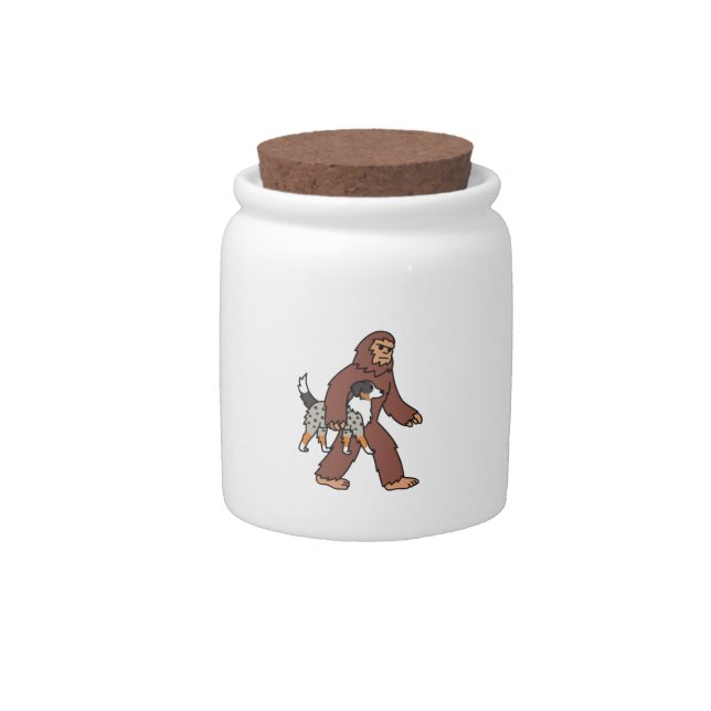 Bigfoot Sasquatch Carrying Australian Shepherd Candy Jar (Front)