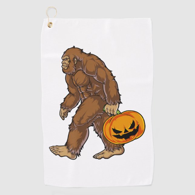Bigfoot Sasquatch Carrying Scary Pumpkin T shirt Golf Towel (Front)