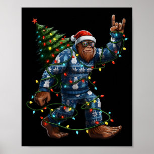 Bigfoot Sasquatch Christmas Tree Santa Hat Lights Poster