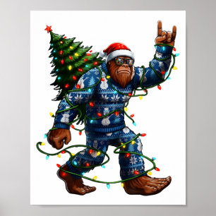 Bigfoot Sasquatch Christmas Tree Santa Hat Lights Poster