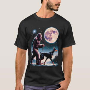 Bigfoot Sasquatch Doberman Walking Dog Lover Moon T-Shirt