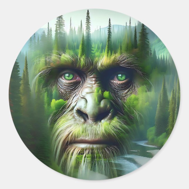 Bigfoot Sasquatch Double Exposure with Forest Classic Round Sticker (Front)