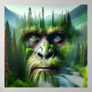 Bigfoot Sasquatch Double Exposure with Forest Poster