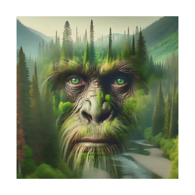Bigfoot Sasquatch Double Exposure with Forest Wood Wall Art (Front)