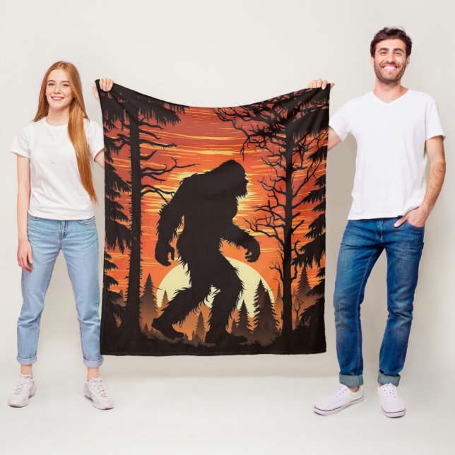 Bigfoot Sasquatch Forest Sunset Fleece Blanket (In Situ)