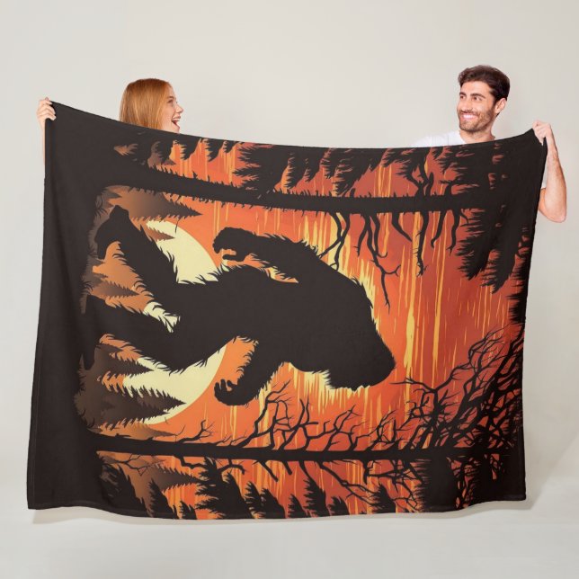 Bigfoot Sasquatch Forest Sunset Fleece Blanket (In Situ)