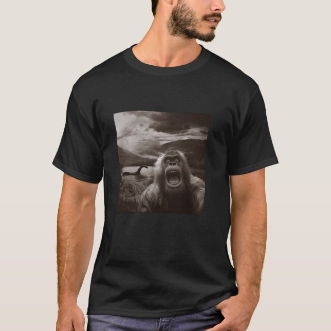 Bigfoot Sasquatch Funny Selfie with Loch Ness Mons T-Shirt (Front)