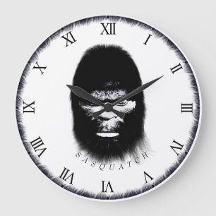 BIGFOOT SASQUATCH HEAD PORTRAIT BLACK AND WHITE LARGE CLOCK