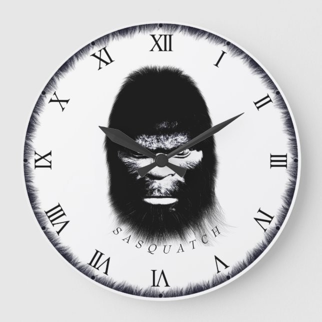 BIGFOOT SASQUATCH HEAD PORTRAIT BLACK AND WHITE LARGE CLOCK (Front)
