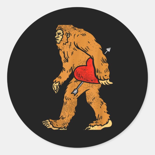Bigfoot Sasquatch Heart With Arrow Funny Valentine Classic Round Sticker (Front)