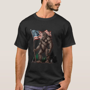 Bigfoot Sasquatch Holding American Flag Patriotic T-Shirt
