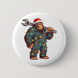Bigfoot Sasquatch Mechanic Christmas Blue Collar Button