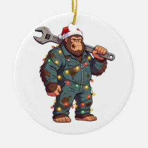 Bigfoot Sasquatch Mechanic Christmas Blue Collar Ceramic Ornament