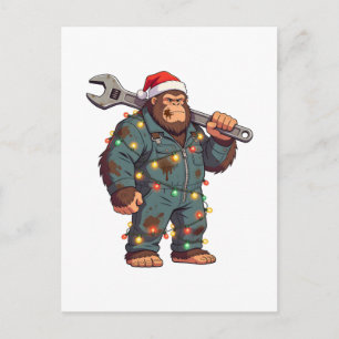Bigfoot Sasquatch Mechanic Christmas Blue Collar Postcard