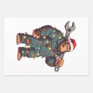 Bigfoot Sasquatch Mechanic Christmas Blue Collar Wrapping Paper Sheets