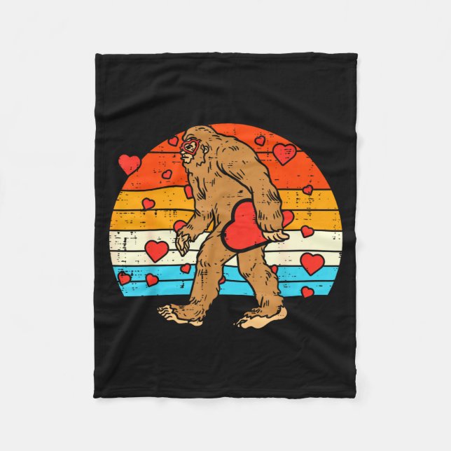 Bigfoot Sasquatch Retro Heart Funny Valentines Day Fleece Blanket (Front)