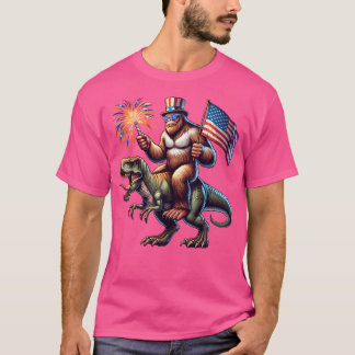 Bigfoot Sasquatch Riding Dinosaur T Rex. Funny 4Th T-Shirt