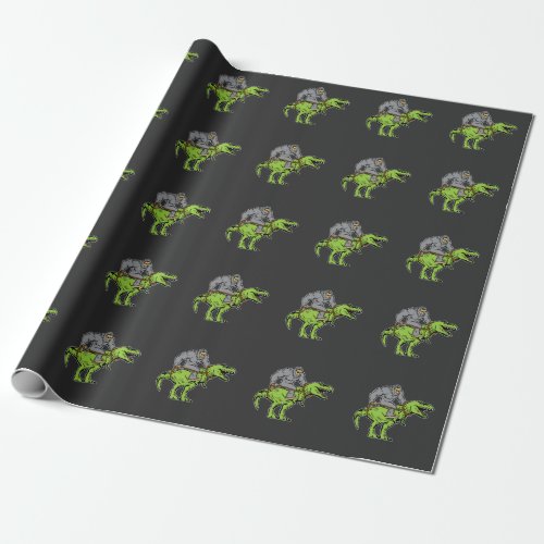 Bigfoot Sasquatch Riding Dinosaur T rex Wrapping Paper