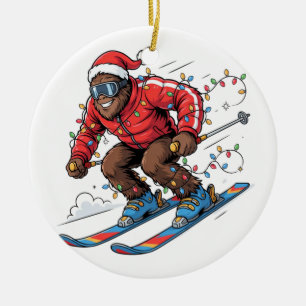 Bigfoot Sasquatch Skiing Christmas 2026 Holiday Ceramic Ornament