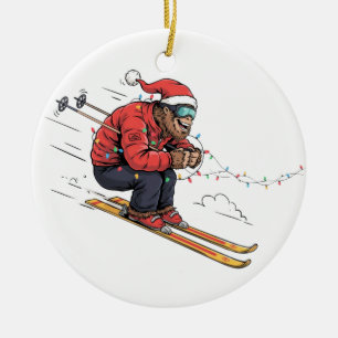 Bigfoot Sasquatch Skiing Christmas Ice Skiing Ceramic Ornament