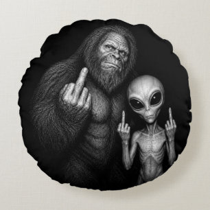 Bigfoot Sasquatch Space Alien Middle Finger Round Pillow