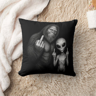 Bigfoot Sasquatch Space Alien Middle Finger Throw Pillow