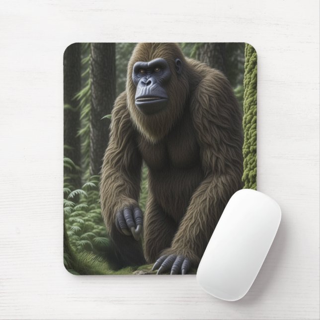 Bigfoot Sasquatch Squatting by a Tree Mouse Pad (With Mouse)