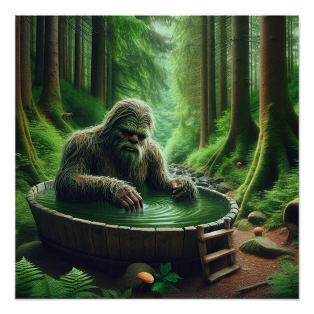 Bigfoot Sasquatch Taking a Bath in the Woods Poster (Front)