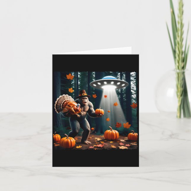 Bigfoot Sasquatch Turkey Ufos Funny Thanksgiving D Card (Front)