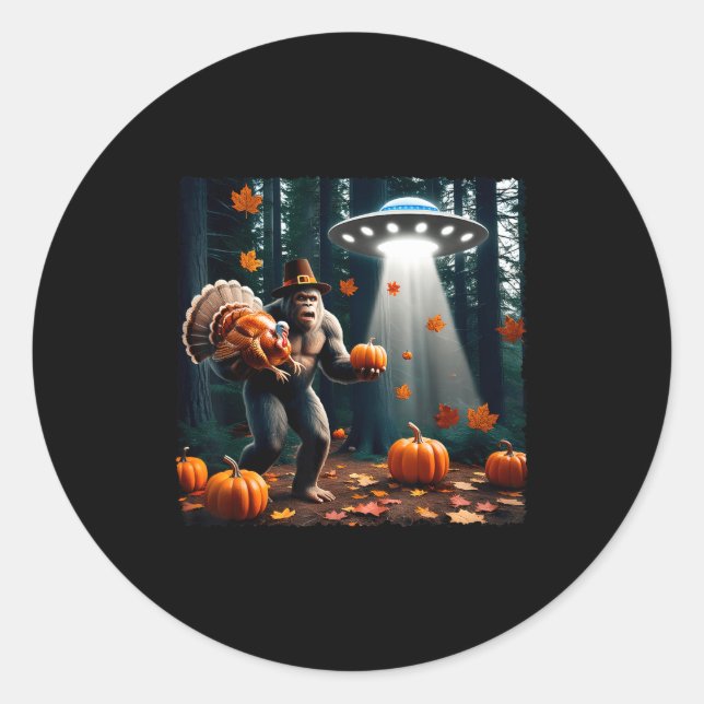 Bigfoot Sasquatch Turkey Ufos Funny Thanksgiving D Classic Round Sticker (Front)