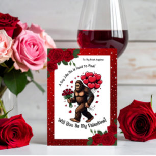 Bigfoot Sasquatch Valentine Romantic Red Glitter  Holiday Card