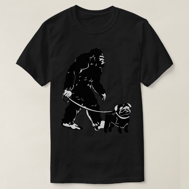 Bigfoot Sasquatch Walking Pug for Dog Lovers Funny T-Shirt (Design Front)