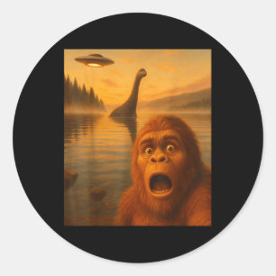 Bigfoot Selfie With Loch Ness Ufo Alien Gifts Men Classic Round Sticker