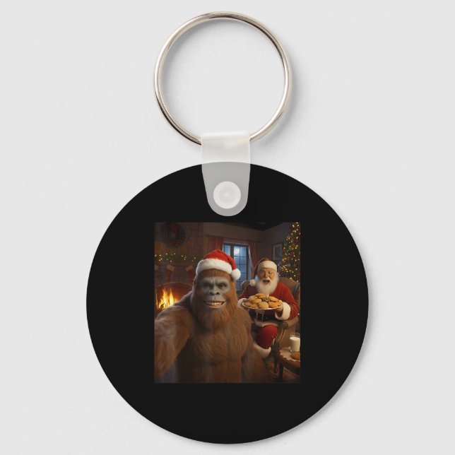 Bigfoot Selfie With Santa Claus Funny Christmas Me Keychain (Front)
