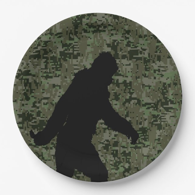 Bigfoot Silhouette on Woodland Digital Camouflage Paper Plates (Front)