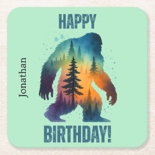 Bigfoot Silhouette Sunset Forest Happy Birthday Square Paper Coaster