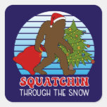 Bigfoot Squatchin Through the Snow Christmas Square Sticker