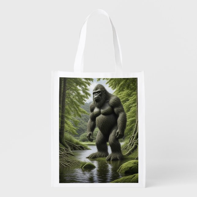 Bigfoot standing in a Creek Cartoon  Grocery Bag (Front)