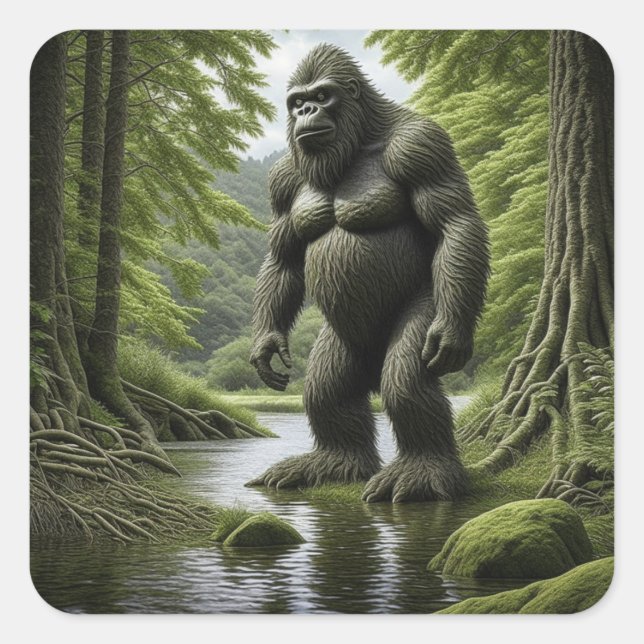 Bigfoot standing in a Creek Cartoon  Square Sticker (Front)