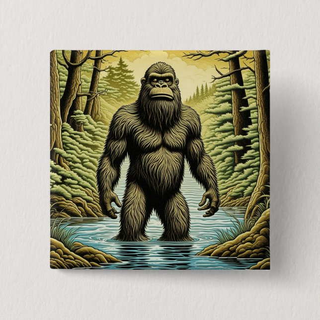 Bigfoot standing in Water Cartoon Button (Front)