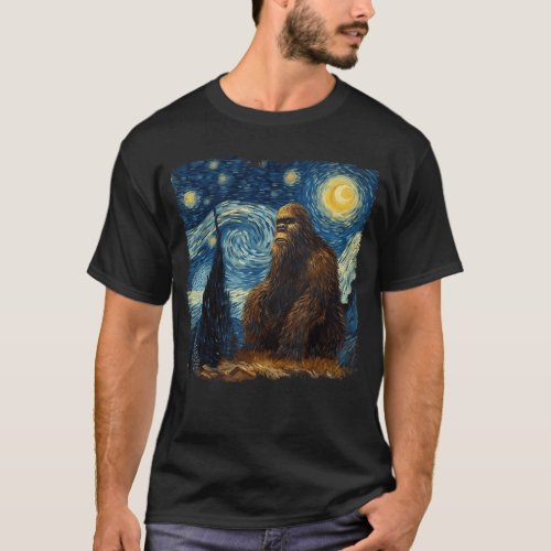 Bigfoot Starry Night Sasquatch Van Gogh Sky Paint T_Shirt