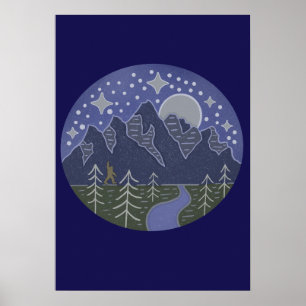 Bigfoot Starry Night Walk Cryptid Folk Art Poster