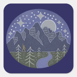 Bigfoot Starry Night Walk Cryptid Folk Art Square Sticker