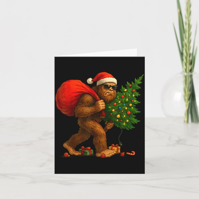 Bigfoot Stealing Christmas Tree Lights Xmas Boys M Card (Front)